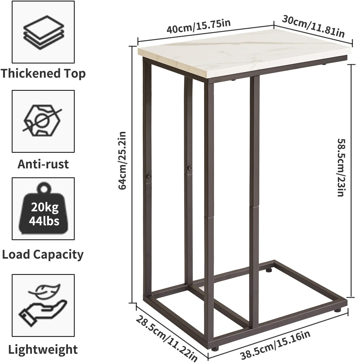 Side Table Small End Table C Shaped, Slide Under Laptop Desk for Couch, Living Room Side Table Set of 2, TV Trays for Eating on Couch, Faux Marble+Black YD-TM051B-2