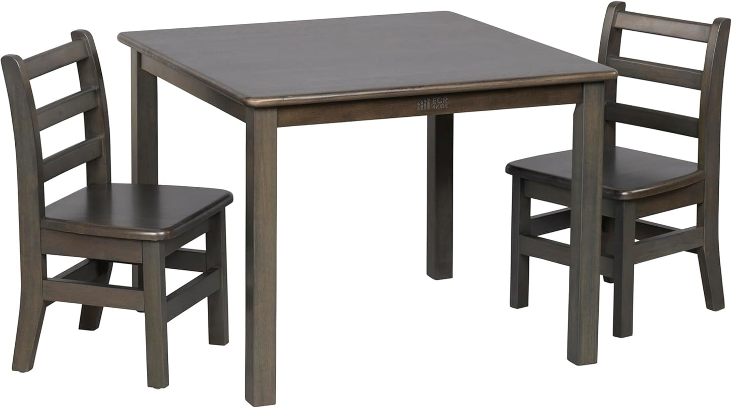 ECR4Kids 30in x 30in Square Hardwood Table and Chair Set, 12in Seat Height, Kids Furniture, Grey Wash
