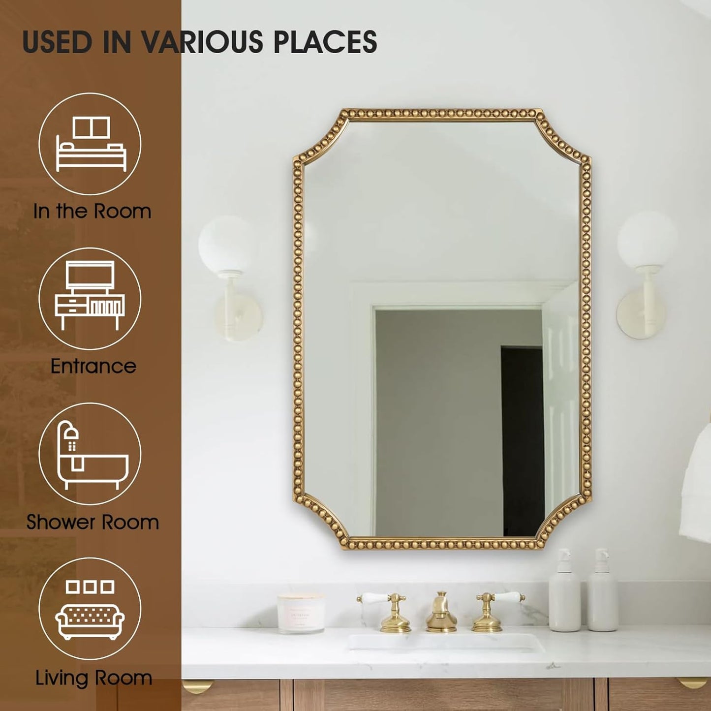 24"x36" Mirror for Wall, Scalloped Corners Rectangle Decorative Mirror, Metal Beaded Frame Accent Wall Decor for Bathroom, Entryway, Mantel, Antique Gold