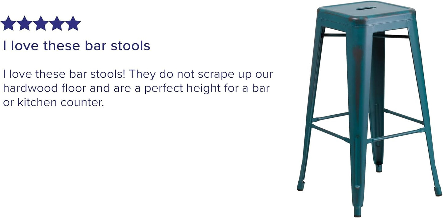 Flash Furniture Kai Commercial Grade 30" High Backless Distressed Kelly Blue-Teal Metal Indoor-Outdoor Barstool