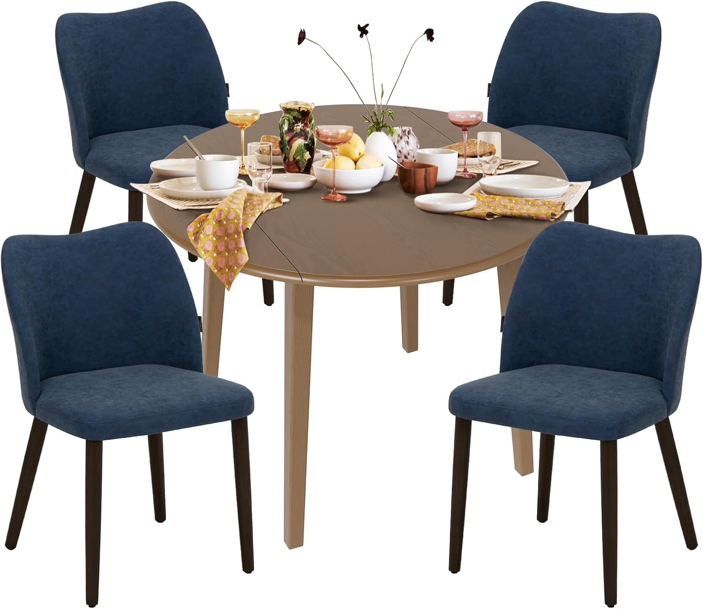 COLAMY 5-Piece Extendable Dining Table Set for 4, 36" Kitchen Round Wood Table with 4 Wooden Dining Room Chairs,Light Brown/Blue