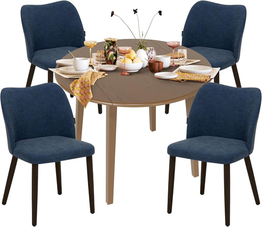 COLAMY 5-Piece Extendable Dining Table Set for 4, 36" Kitchen Round Wood Table with 4 Wooden Dining Room Chairs,Light Brown/Blue