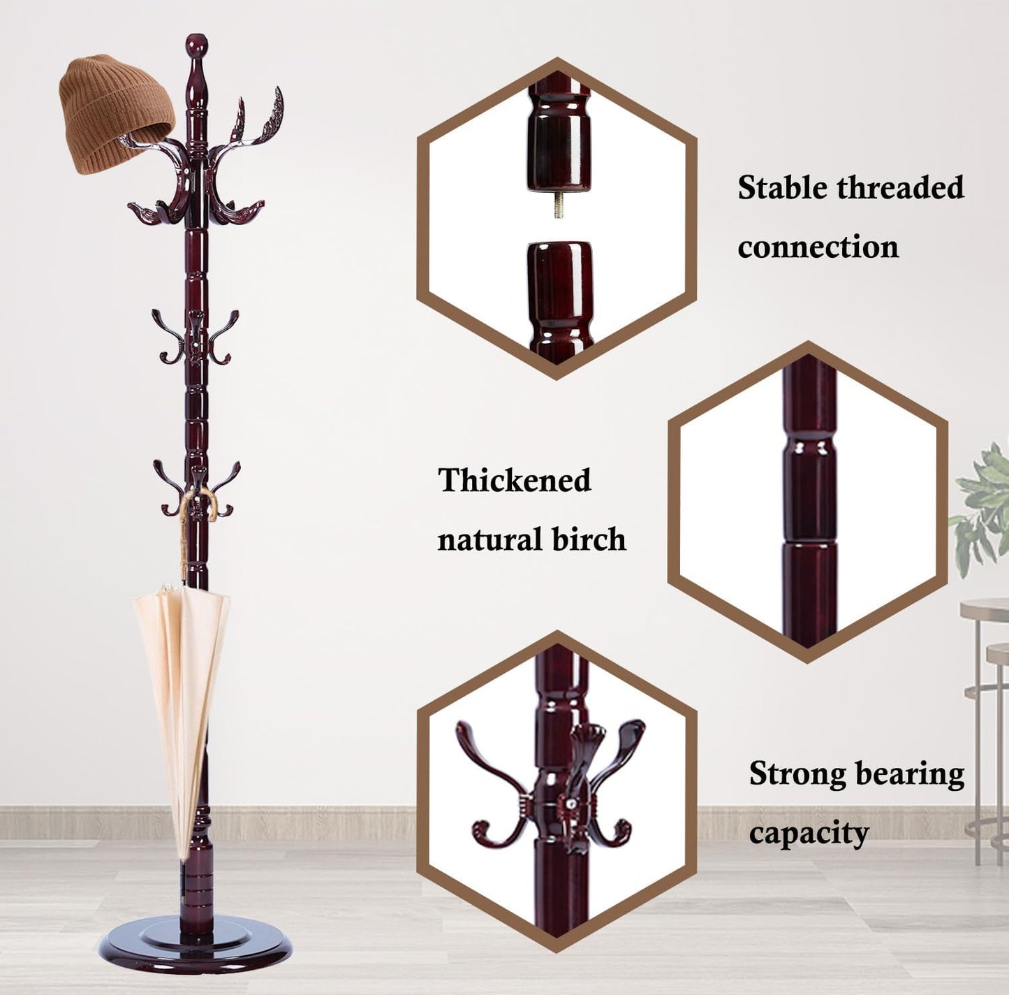 Coat Rack Stand, Solid Wooden Coat Tree with 14 Hooks, Heavy Duty Coat Rack Freestanding with Sturdy Round Base, Natural Birch Wood Coat Hanger Stand for Entryway Bedroom (Swing)