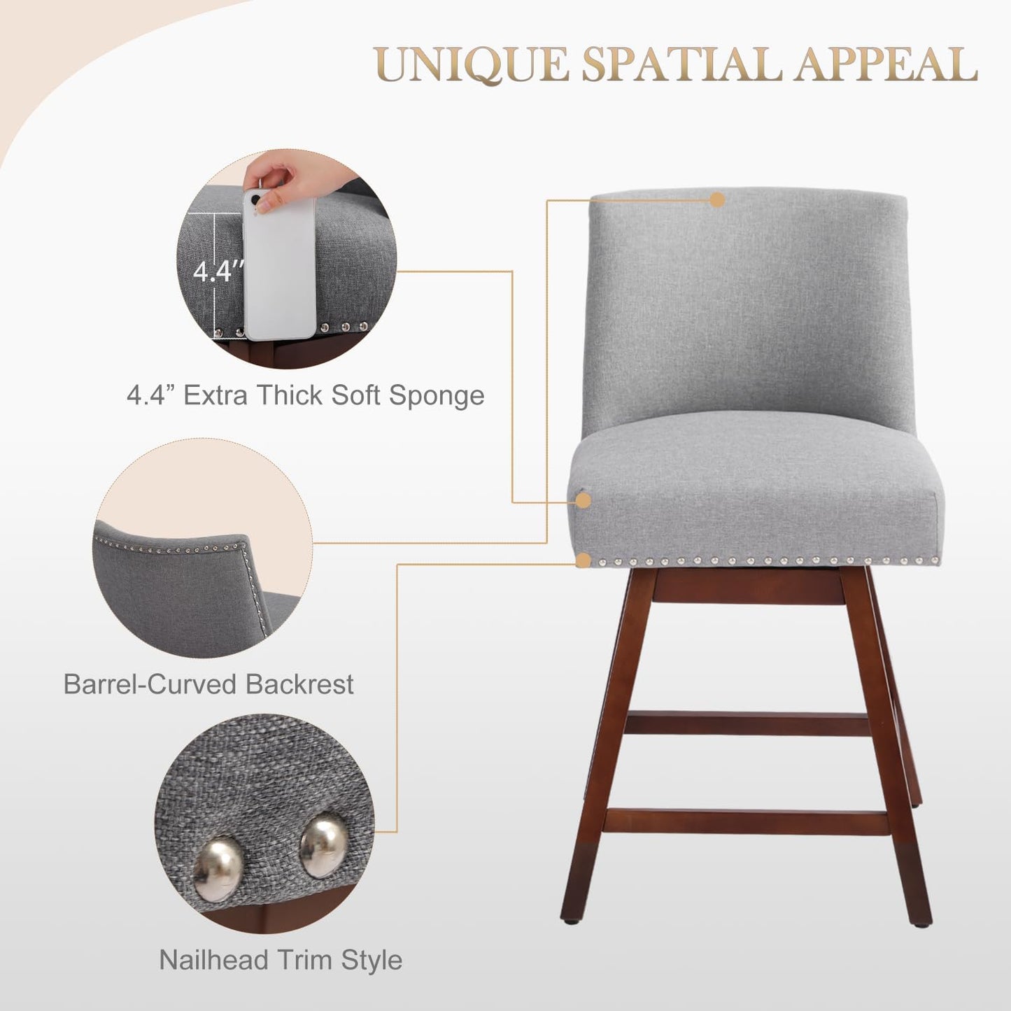 Counter Height Barstools Set of 6,360° Swivel Bar Stools with Back,26 inch Modern Counter barstools,Upholstered Bar Tall Stools for Kitchen Counter,Kitchen Island,Bar, Home (Light Gray, SET OF 6)