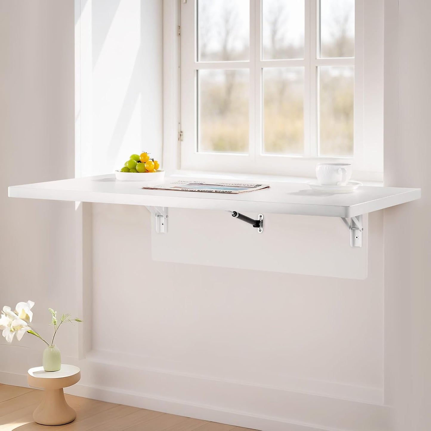 VEVOR Wall Mounted Folding Table, 35.4 x 19.7 inches Wall Mount Table, Floating Desk with Iron Bracket for Small Spaces, Home Office, Dining, Laundry Room, Kitchen, Bar, White