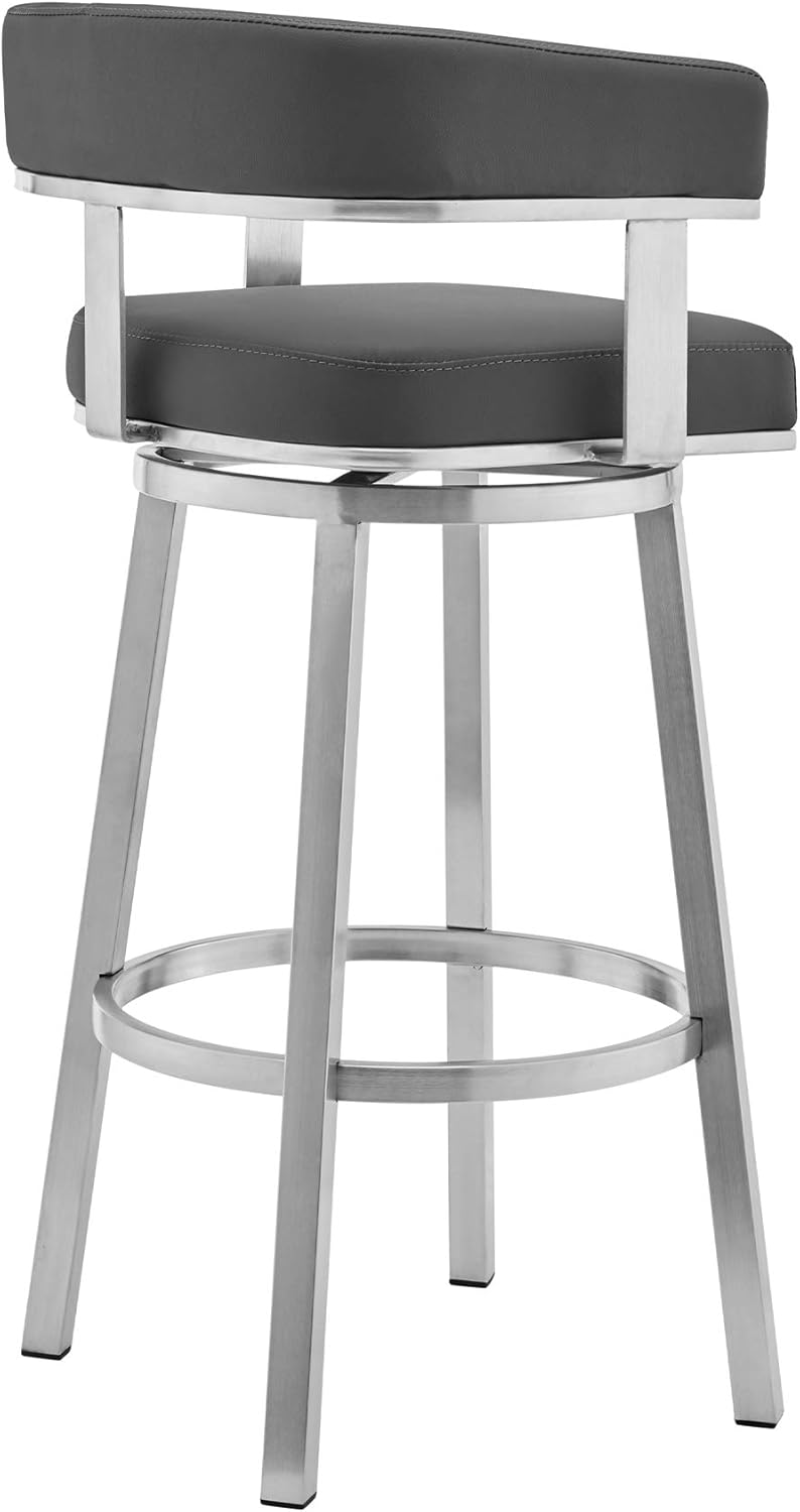 Armen Living Lorin Modern 26" Seat Height Gray Faux Leather and Brushed Stainless Steel Metal Swivel Bar Stool for Kitchen Island Counter