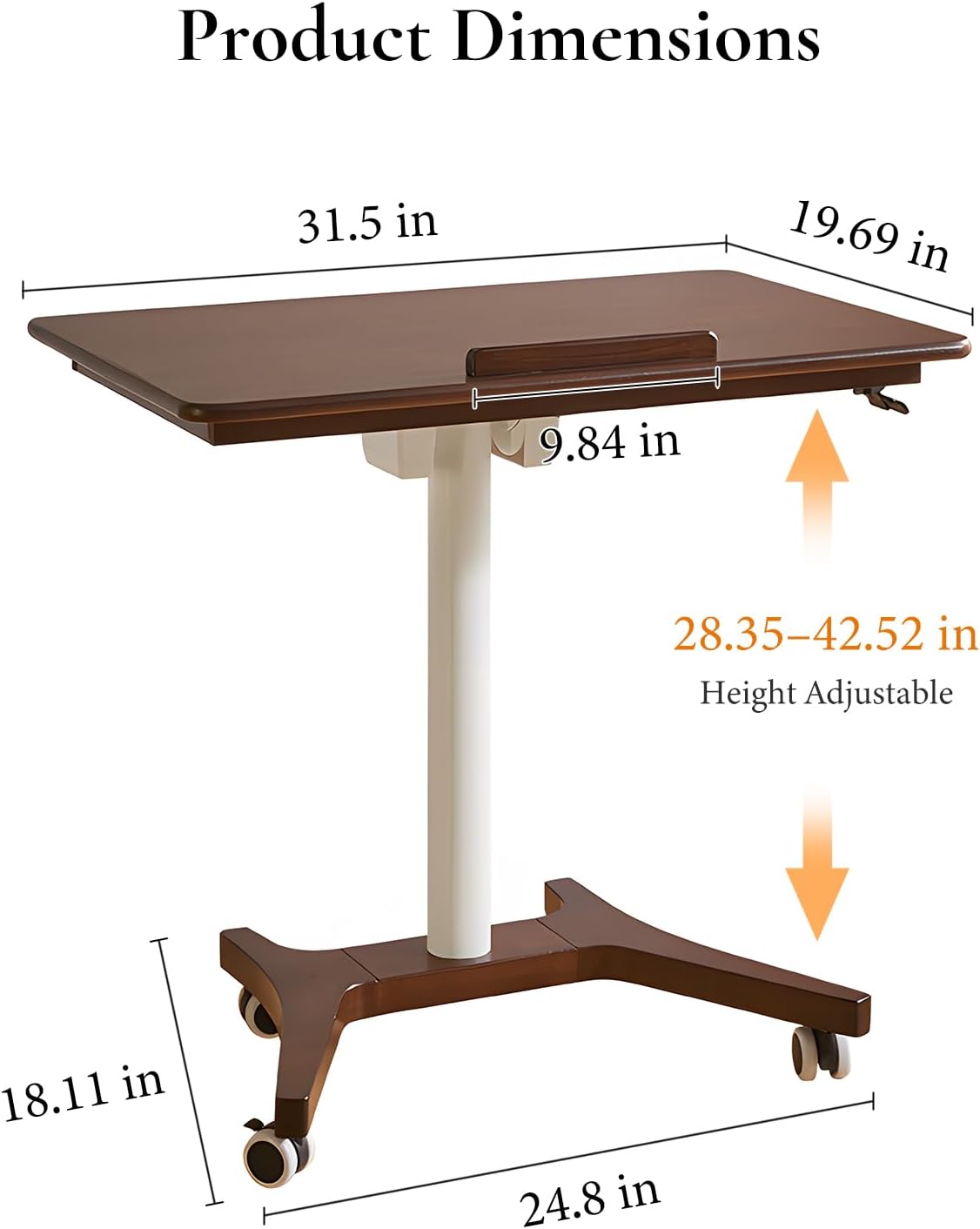 Adjustable Computer Desk, Solid Wood Folding Desk with Wheels, Mobile Home Office Laptop Table, Sit Stand Workstation, Rolling Desk, 28.35-42.52 H x 31.5 W x 19.69 D Inches, Walnut