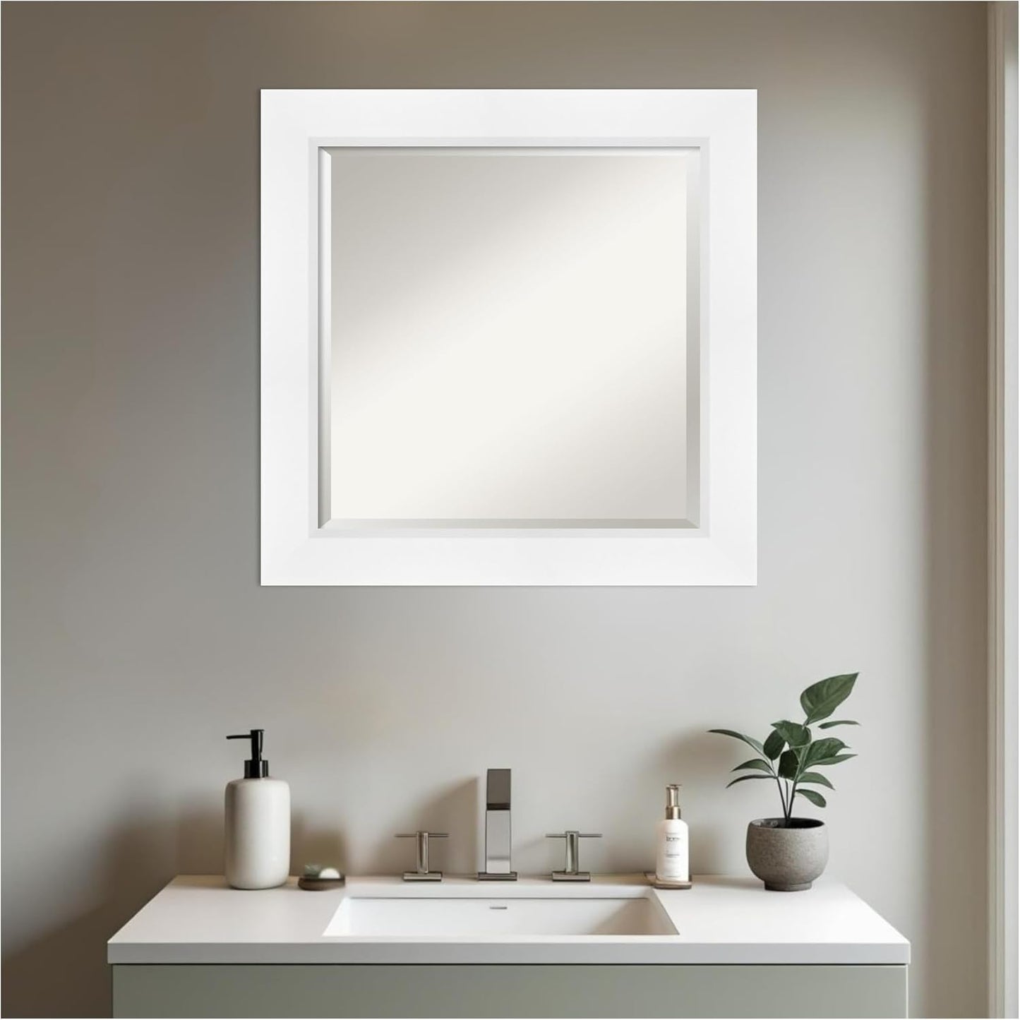 Amanti Art White Bathroom Mirror for Over Sink, 26x26 Sloped White Square Vanity Mirror, Medium Modern Contemporary Frame, Hangs Horizonally and Vertically, Bathroom Wall Decor, Beveled Edge