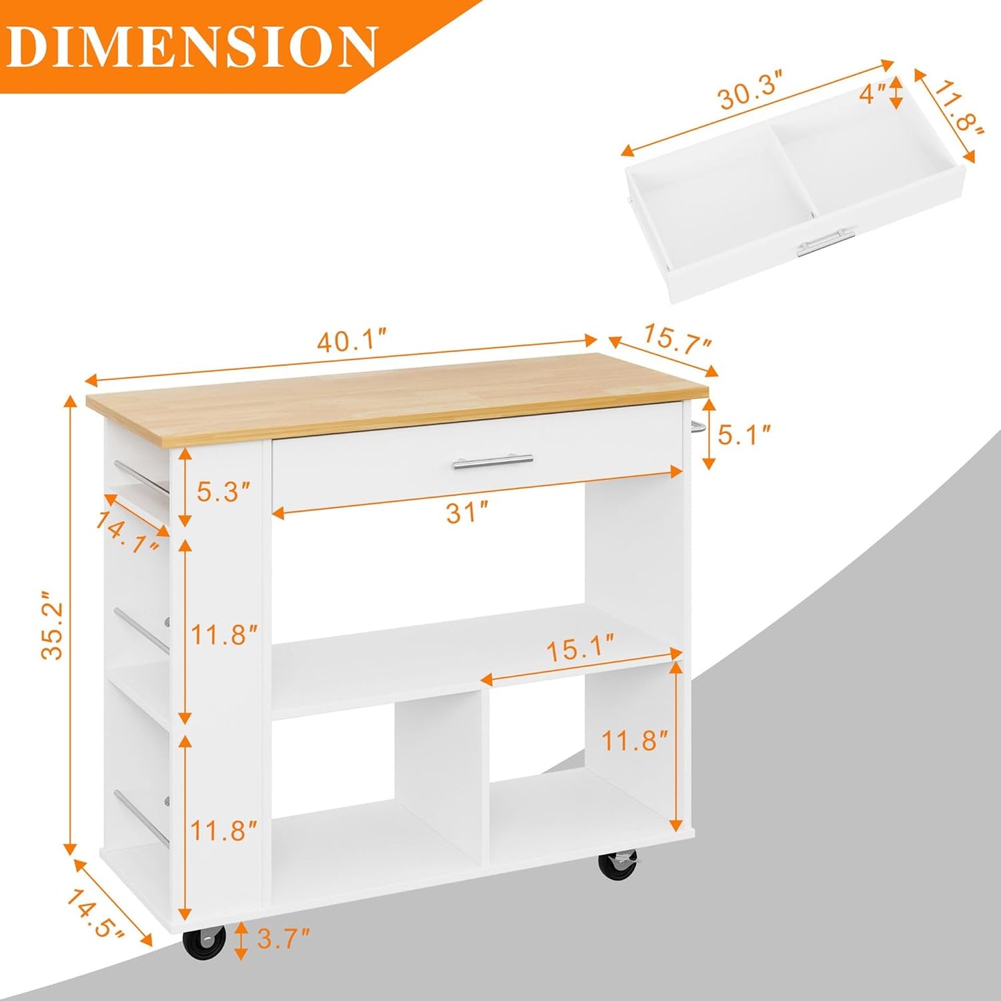 Shintenchi Kitchen Island on Wheels with Storage, Wheeled Island & Cart with 3-Tier Spice Rack, 3 Open Shelves and 1 Drawer, White