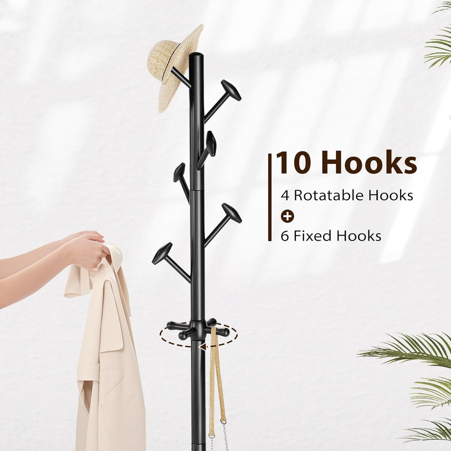 Solid Wood Coat Rack Freestanding Coat Tree with 10 Hooks for Bedroom, Livingroom, Entryway, Sturdy Coat Hanger Stand for Hats, Coats, Scarves, Handbags, Purses