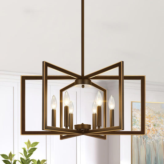 25" Modern Brown Chandelier for Dining Room (6-Light, 25-Inch), Geometric Brown Dining Room Light Fixture Over Table, Industrial Metal Hanging Pendant Lights for Kitchen Island, Entryway, Foyer