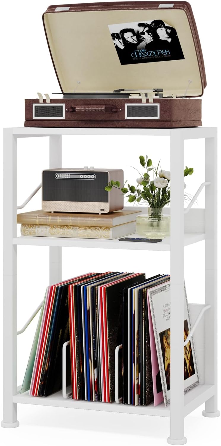 Hosfais 3 Tier Record Player Stand, Retro Vinyl Record Storage End Table Records Shelf for Living Room Bedroom (White)