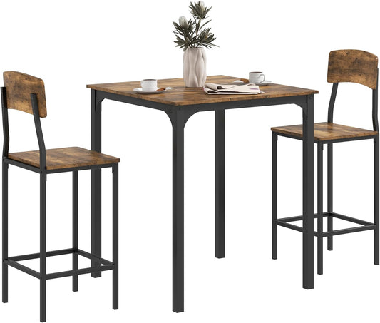 HOMCOM 3-Piece Counter Height Bar Table with Space-Saving Design, Square Kitchen Table and Chairs Set with Footrest, Metal Legs, Industrial Dining Table Set for 2, Rustic Brown and Black