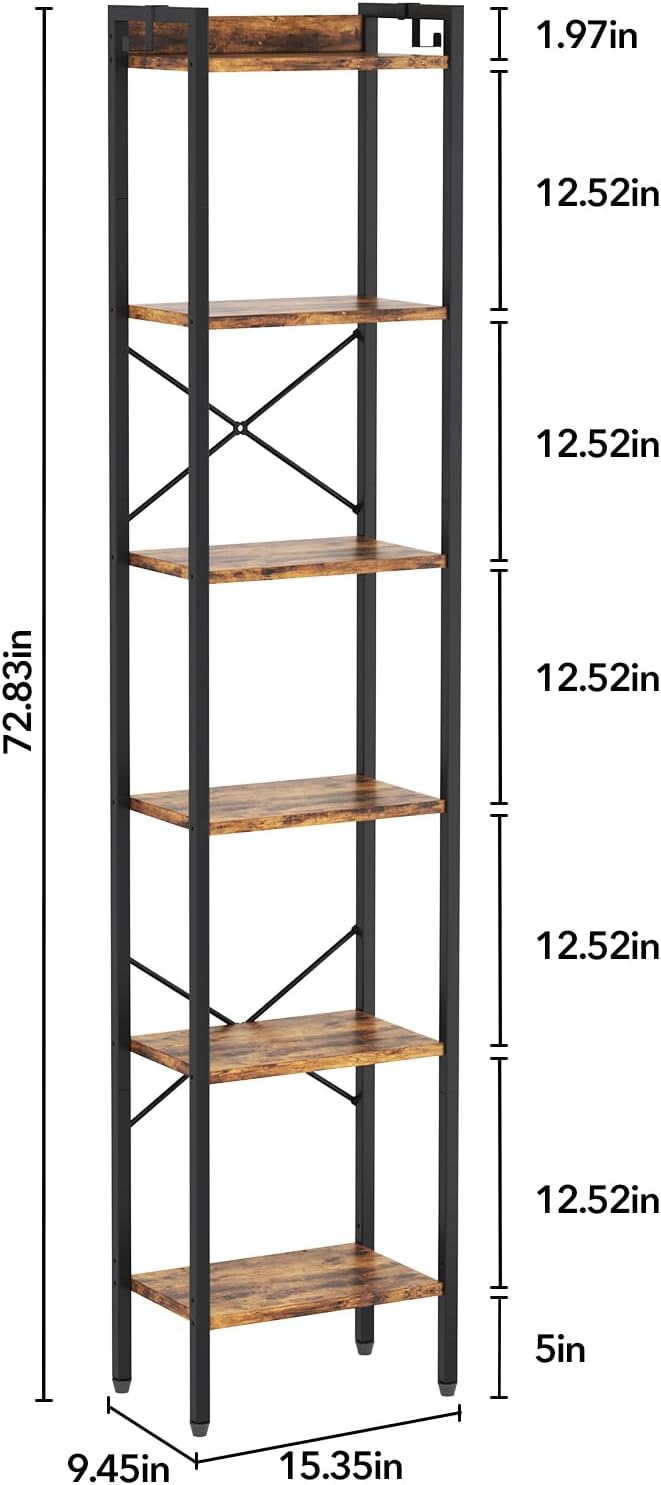 5 Tier Bookshelf, Bookcase with 5 Shelves, Storage Rack Organizer, Corner Wood Storage Shelf with Metal Frame for Bedroom, Living Room (Rustic Brown)
