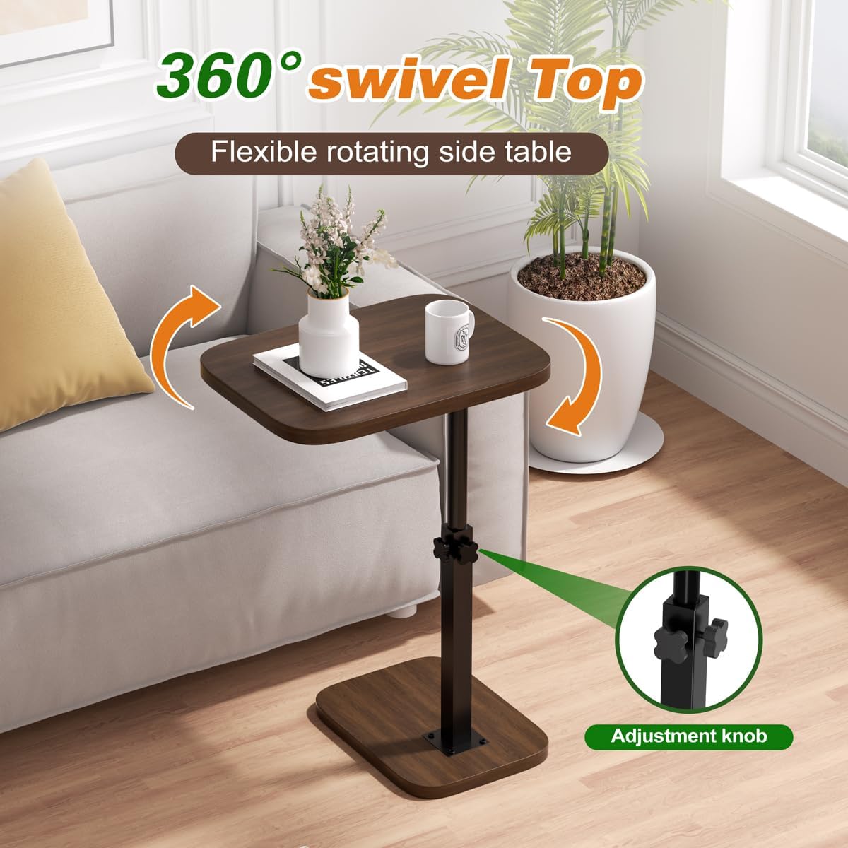 Adjustable Side Table TV Tray, C Shaped End Table, Small Bedside Table, Mid Century Modern Accent Nightstand for Living Room, Bedroom, Corners and Office (Walnut)