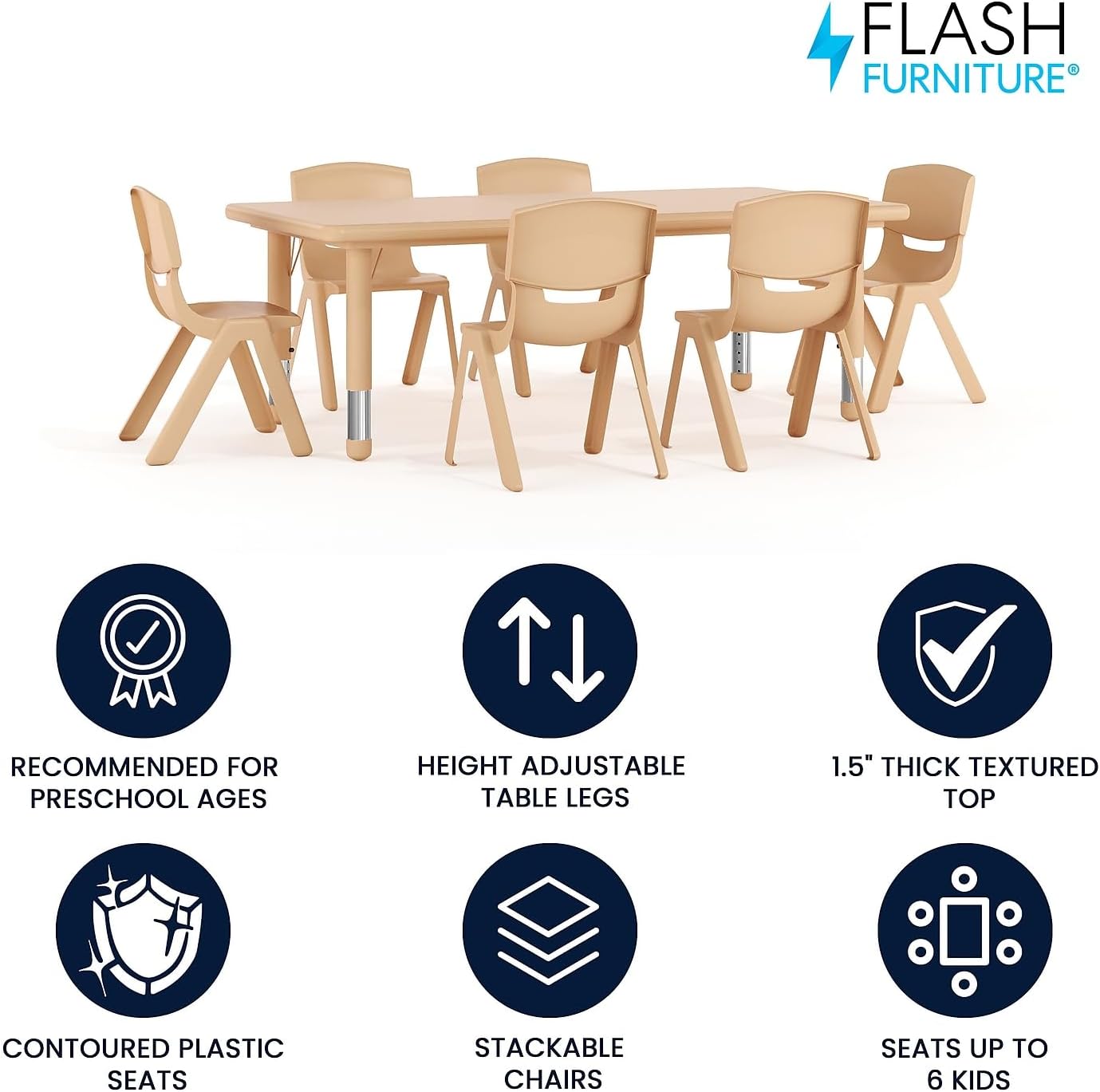 Flash Furniture Adjustable Classroom Activity Table with 6 Stackable Chairs, Rectangular Plastic Activity Table for Kids, 24" W x 48" L, Natural