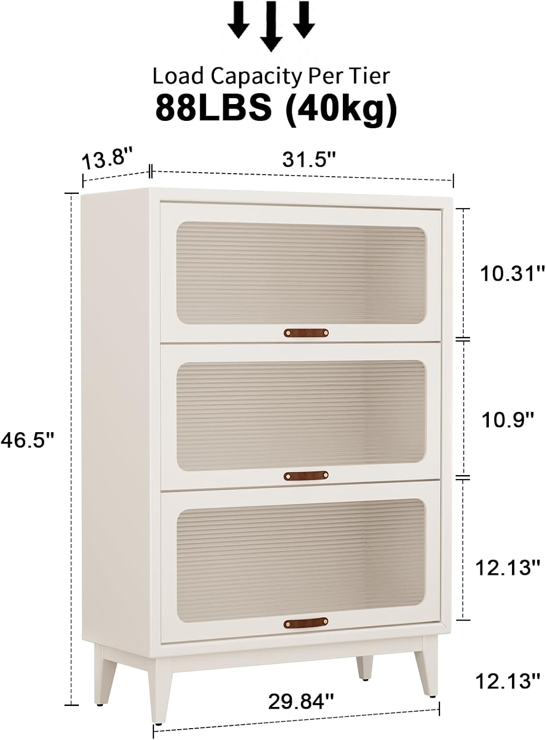 Solid Wood Storage Cabinet with Glass Doors, 3 Shelf Small Storage Cabinet, Mid Century Modern Bookcase, Kitchen Pantry Cabinet (White, 31.5" W)
