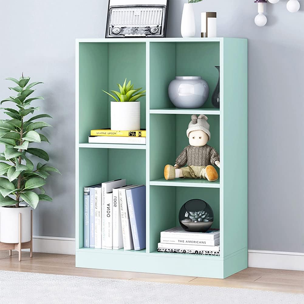 IOTXY Open Shelf Low Bookcase - Wooden 3-Tier Floor Standing Display Cabinet Organizer with Base, 5 Cubes Short Horizontal Bookshelf in Tiffany-Green