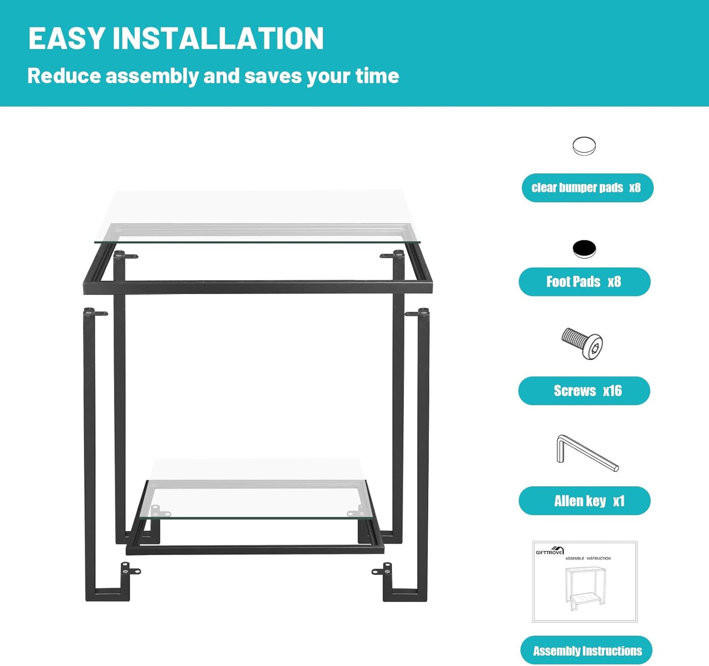 2 Tier Rectangular Side Table, Black End Table with Glass Top, Modern Metal Clear Coffee Tables，Small Accent Tables for Living Room, Bedroom, 22" x 12.4" x 24"