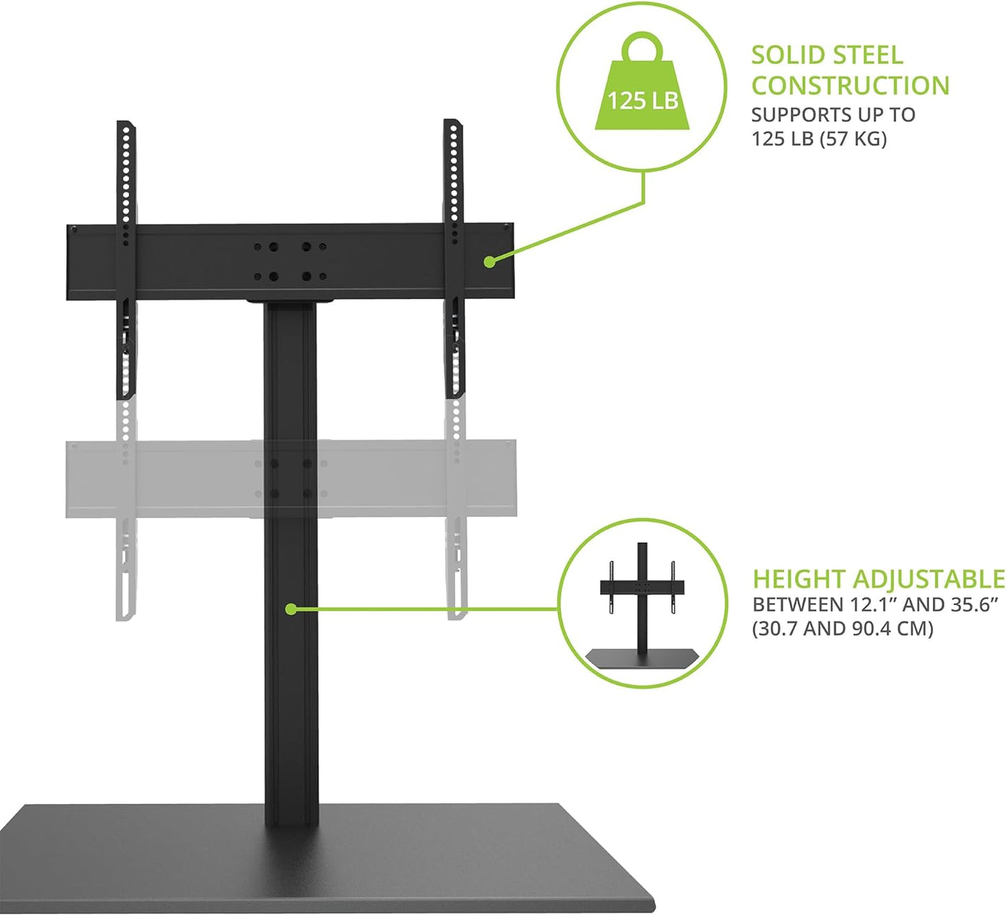 Kanto TTS150 Tabletop Stand for 37" to 60" TVs | Supports up to 88 lb | Height Adjustable | Swivels up to 30° | Tilts -5° | Black