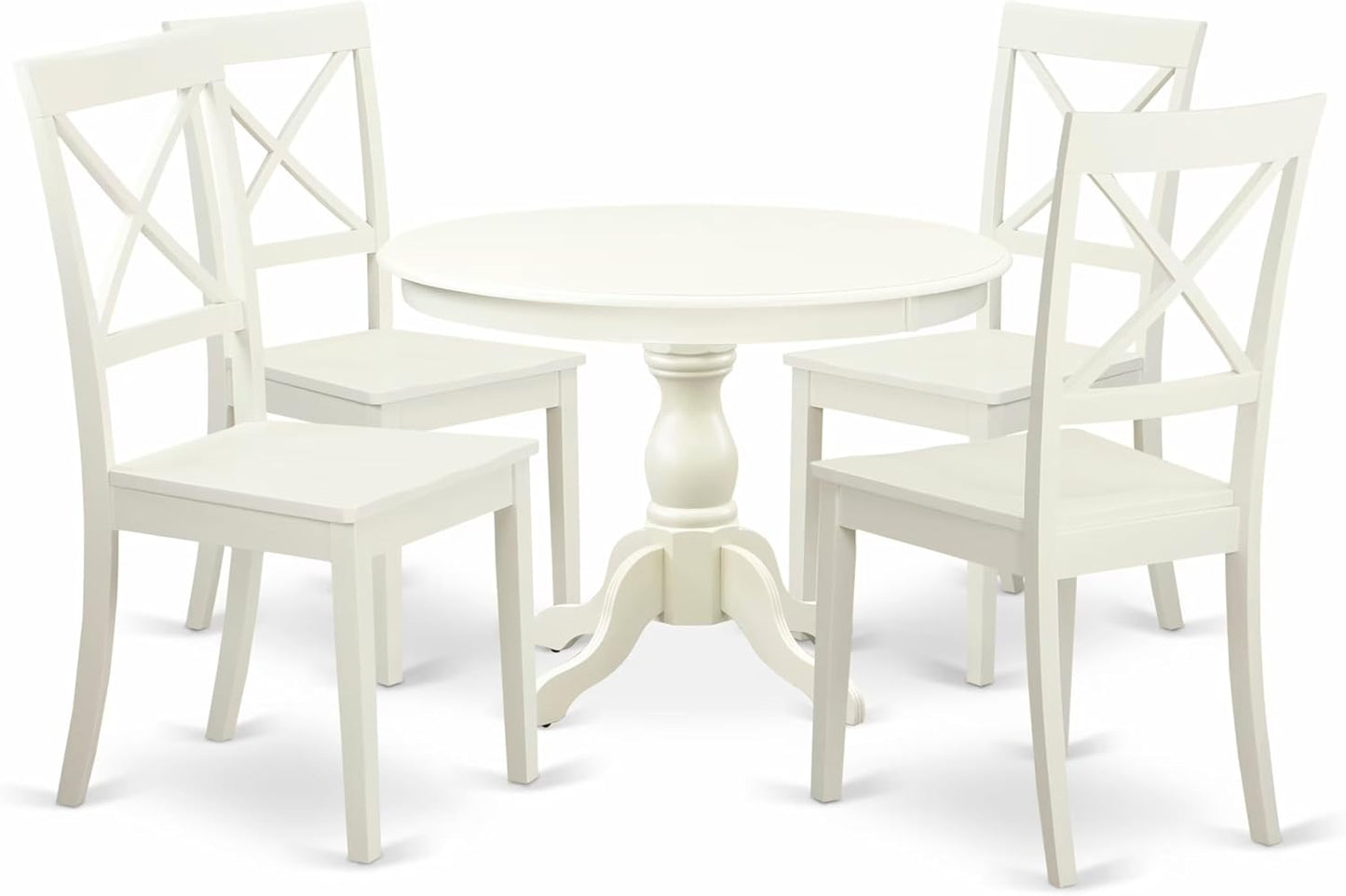 East West Furniture HBBO5-LWH-W 5 Piece Dining Room Furniture Set Includes a Round Kitchen Table with Pedestal and 4 Dining Chairs, 42x42 Inch, Linen White