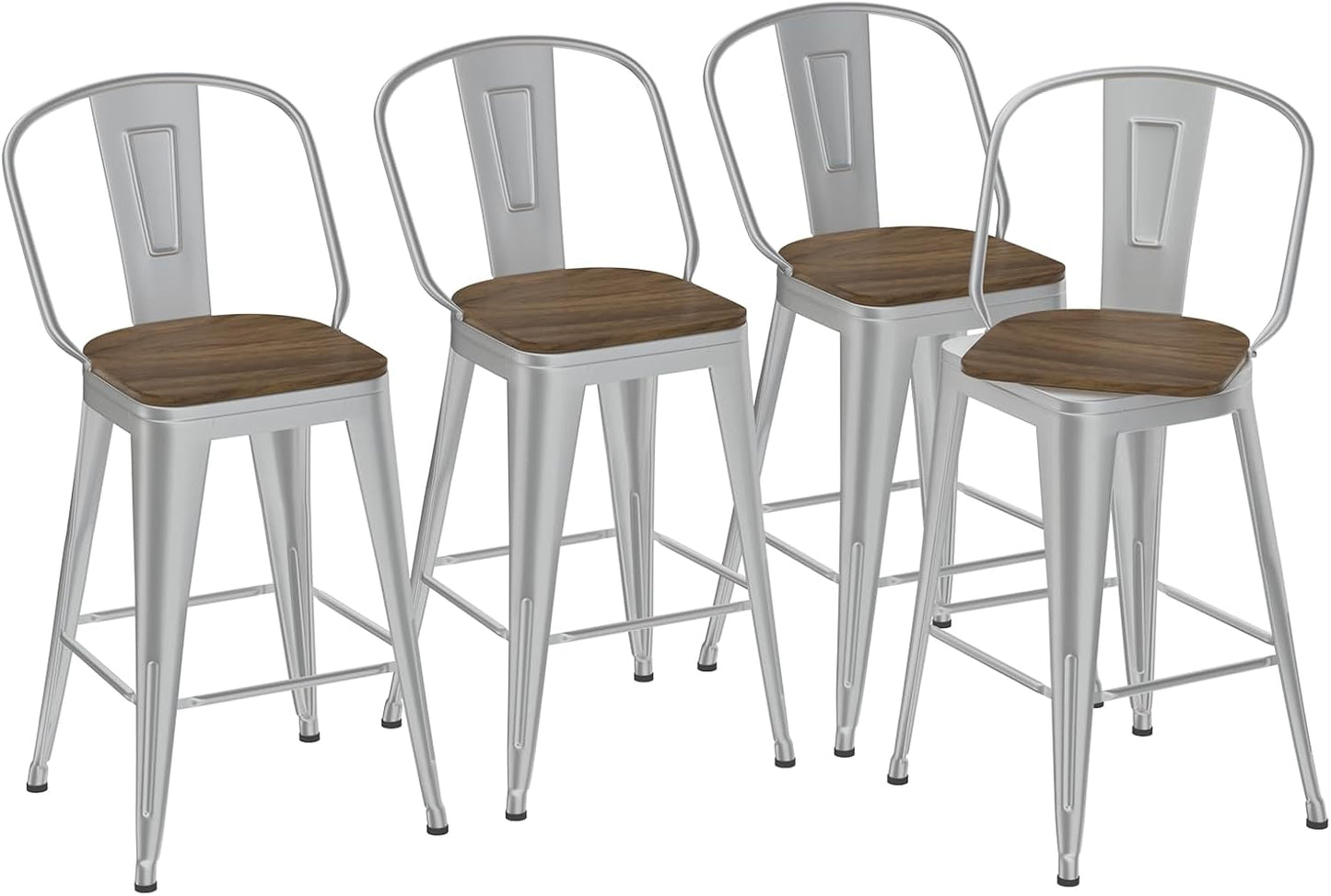 30” Swivel Bar Stools Set of 4, Counter Height Bar Stools Wooden Seat, Metal Industrial Bar Chairs with High Back for Kitchen Island (Silver)