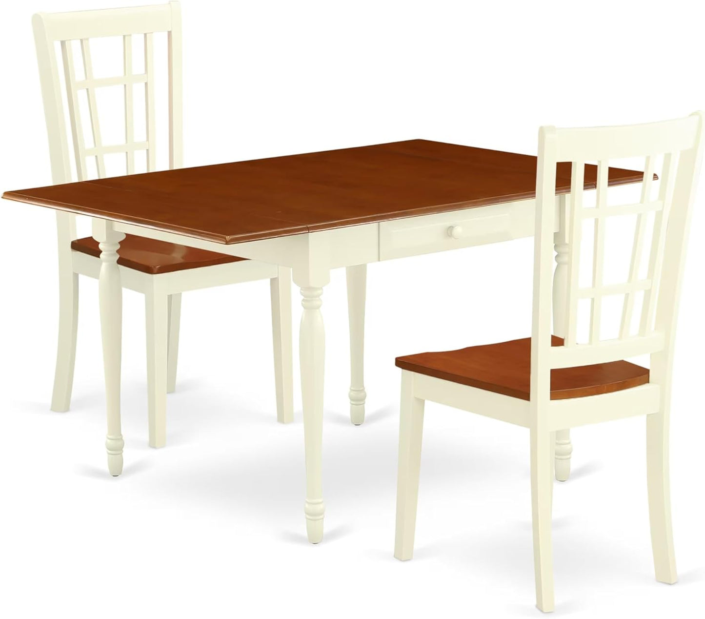 East West Furniture MZNI3-WHI-W 3 Piece Modern Dining Table Set Contains a Rectangle Wooden Table with Dropleaf and 2 Kitchen Dining Chairs, 36x54 Inch, Buttermilk & Cherry