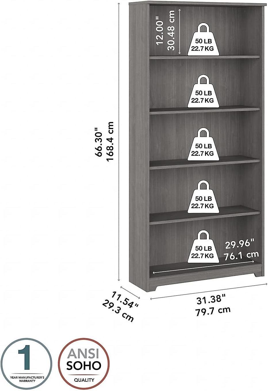 Bush Furniture Cabot Tall 5 Shelf Bookcase | Large Open Bookshelf in Modern Gray | Sturdy Display Cabinet for Library, Living Room, and Home Office