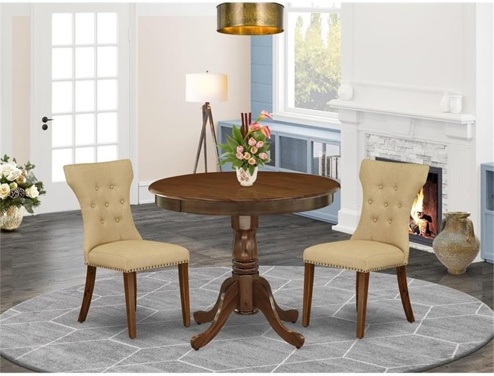 East West Furniture ANGA3-AWA-03 3 Piece Dining Set Contains a Round Dining Room Table with Pedestal and 2 Upholstered Chairs, 36x36 Inch, Antique Walnut
