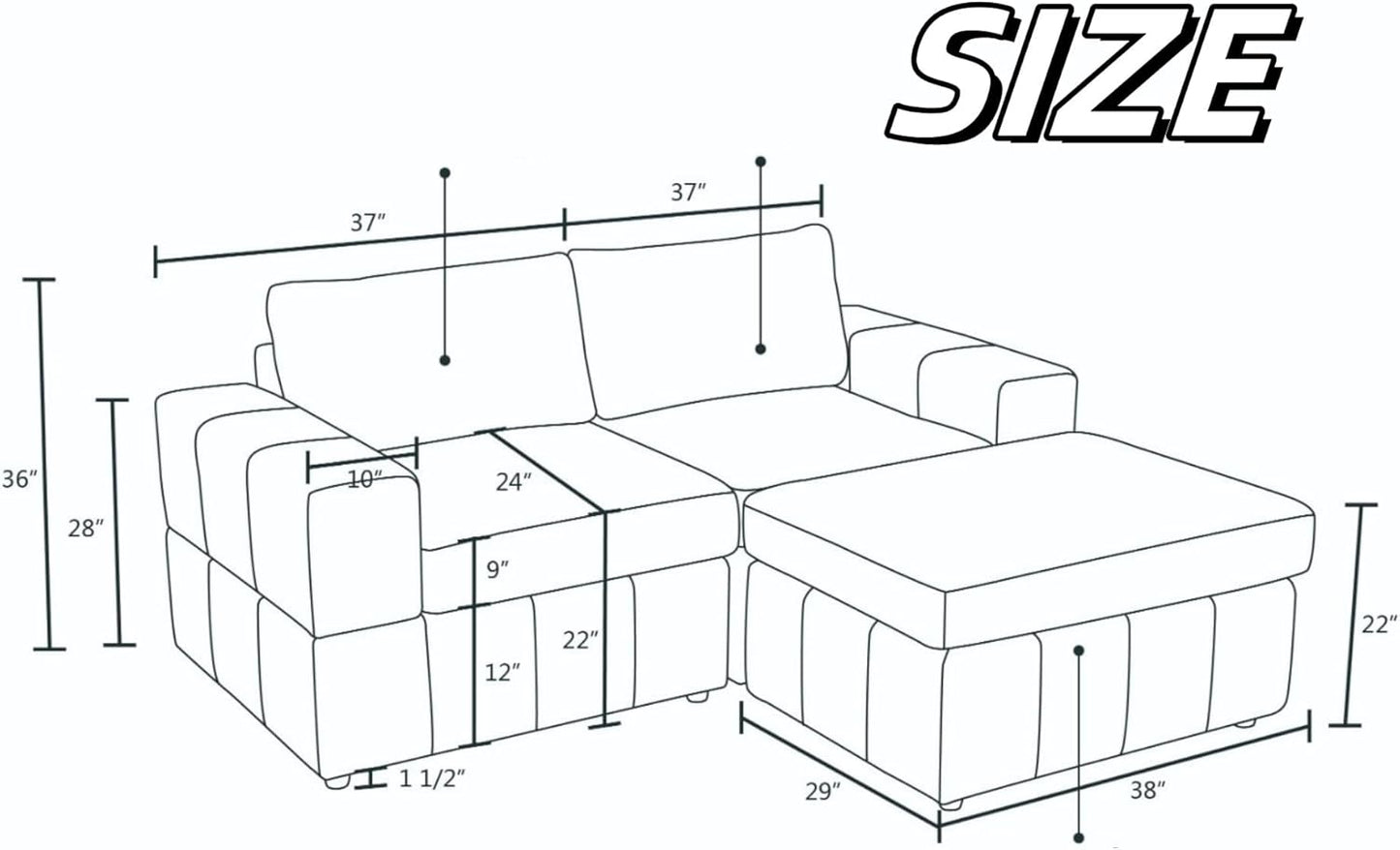 Loveseat Sofa with Ottoman, 74″ Modern Sectional Couches with Deep Seat, Small L Shaped Couch with Chaise for Living Room Bedroom, Brown