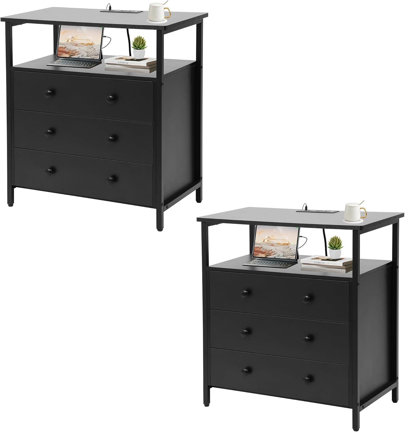 3 Wooden Drawers Nightstand, 27 Inch Wide Night Stand Set 2 with Charging Station and Adjustable Drawers, Bedside Table for Living Room/Bedroom/Office, Black.