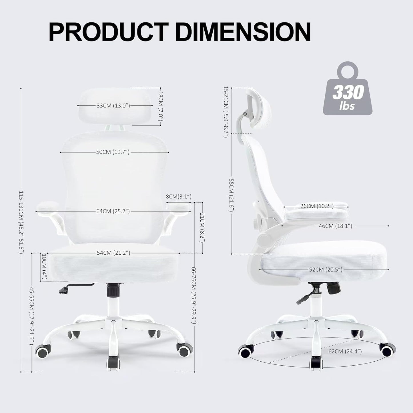 Ergonomic Office Chair,Ultra Thick Office Desk Chair with Adjustable Lumbar Support and Headrest,Spring Cushion,Rocking Function,Flip-up arms,Mesh Computer Chair for Home Office,White