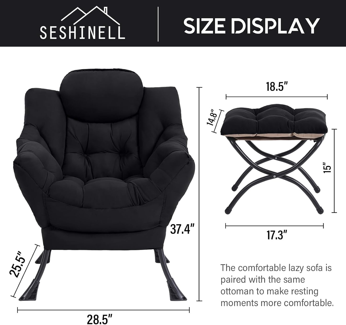 Lazy Chair with Ottoman, Modern Accent Chair Contemporary Lounge Leisure Sofa Chair with Armrests, Reading Chair and Folding Footstool Set for Living Room, Bedroom, Office, Black