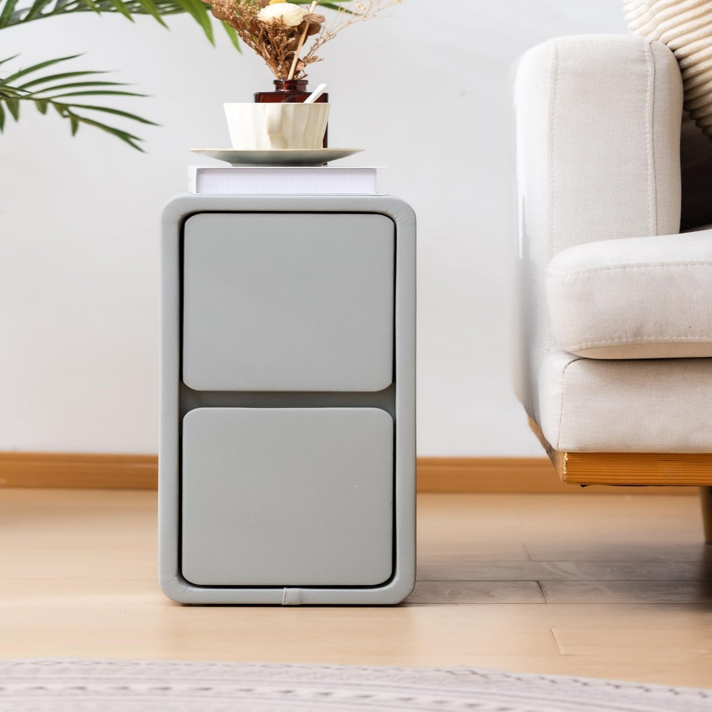 Narrow Nightstand, Solid Wood Night Stand for Small Spaces, Couch, Gray Color 11.81 in Wide