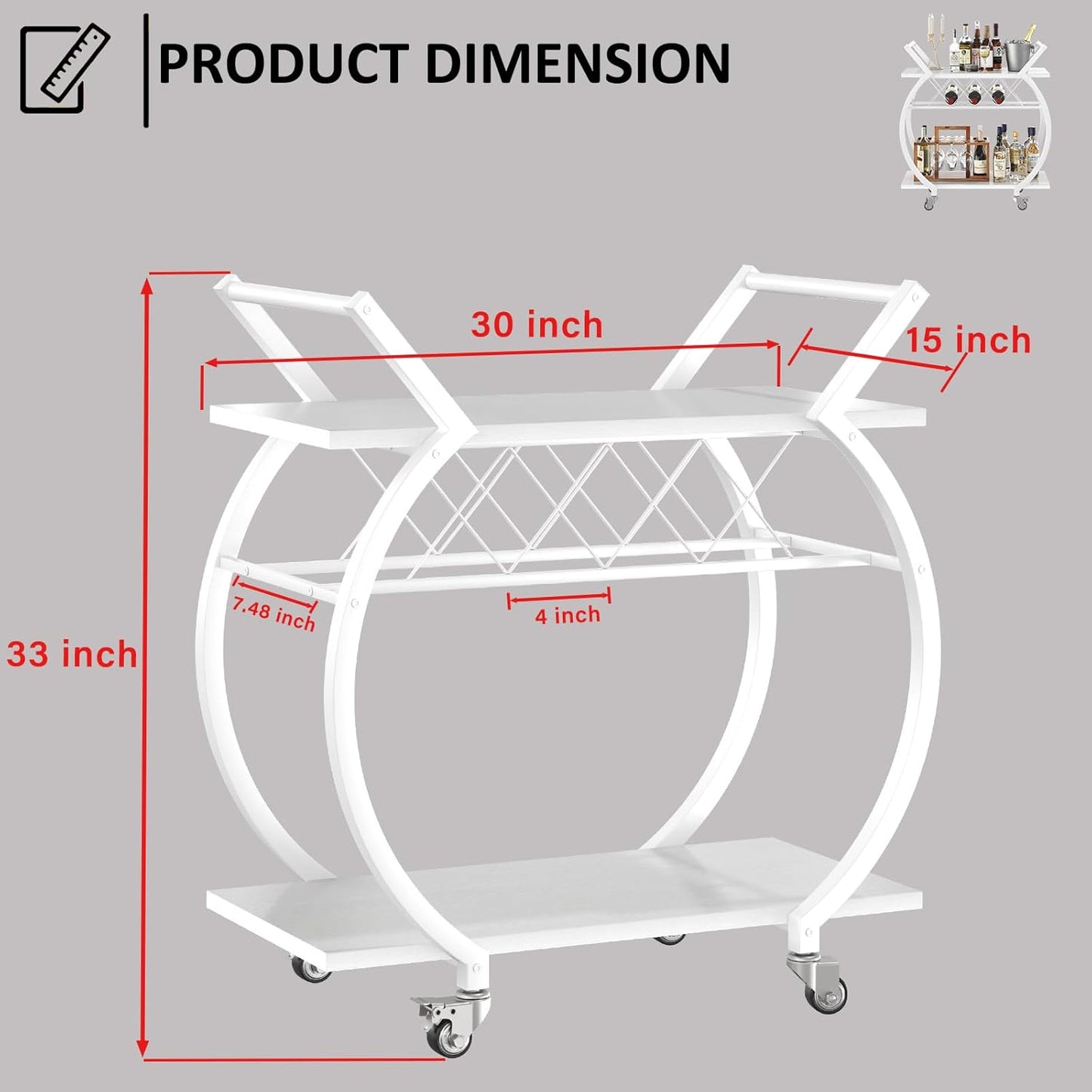 LVB White Bar Cart, Modern Rolling Serving Wine Cart with Storage, Industrial Wood Metal Kicthen Island Beverage Cart with Wheels, Microwave Drink Liquor Cart Table for Home Dining Living, White Oak