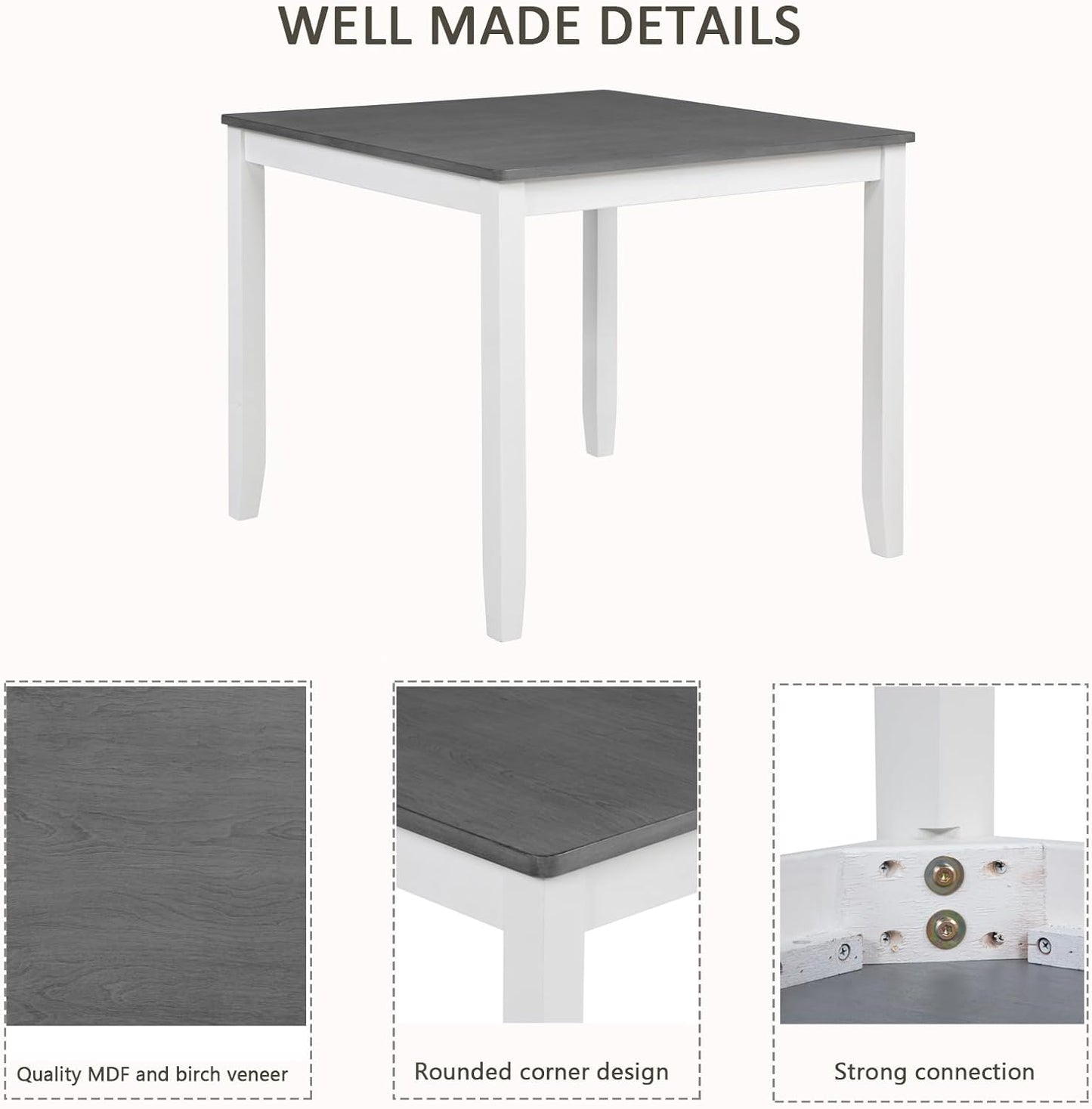 Ball & Cast 5 Piece Dining Table Set with 4 X-Back Chairs,Wooden Living Room Furniture W/ 34.5" Square Kitchen Desk,Easy Assemble & Clean,for Small Space,Apartment,Dining Room,White+Gray