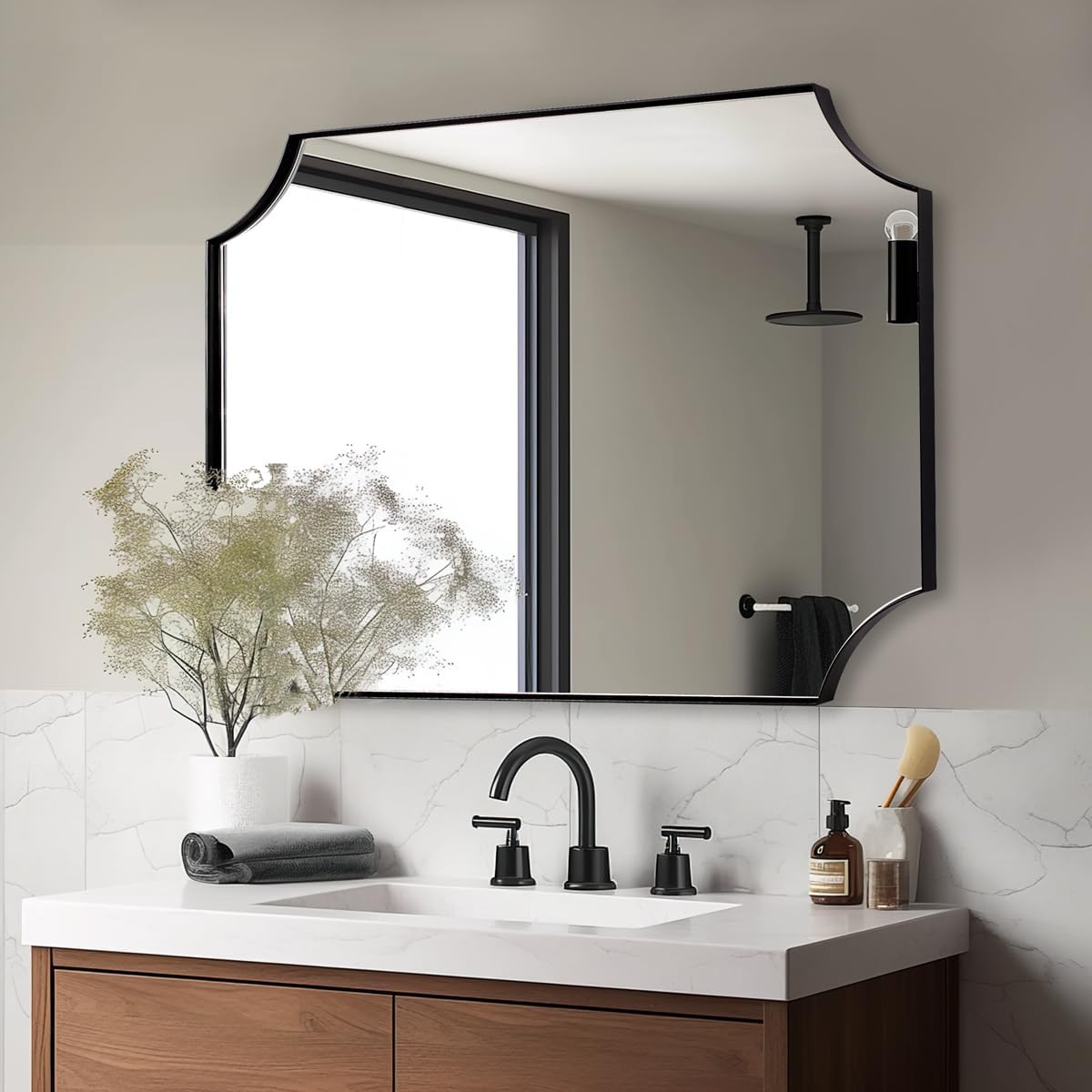 ANDY STAR 30x40 Inch Bathroom Mirror, Black Bathroom Mirror for Over Sink, Unique Rectangle Wall Mirror, Matte Black Framed Rectangular Mirror with Scalloped Edges, Ideal for Home Decor