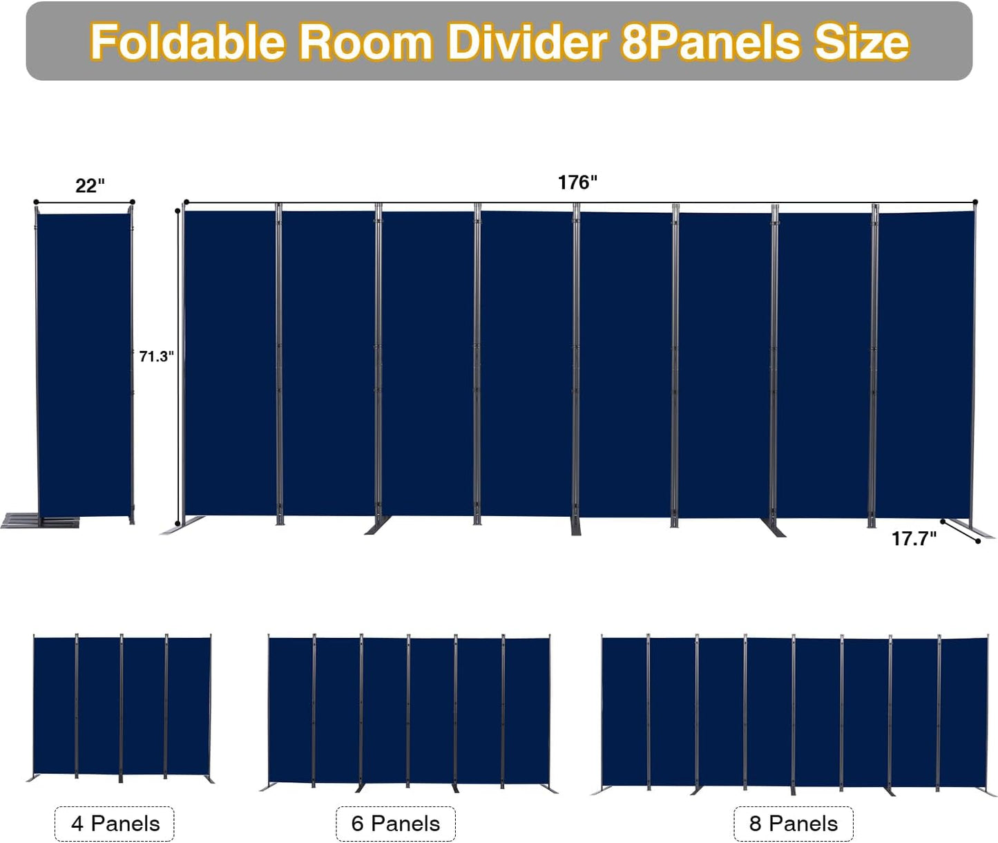 Room Divider, 8 Panel Folding Privacy Screens with Wider Support Feet, 6 Ft Portable Room Partition for Room Separator, 176" W X 71" H, Navy Blue
