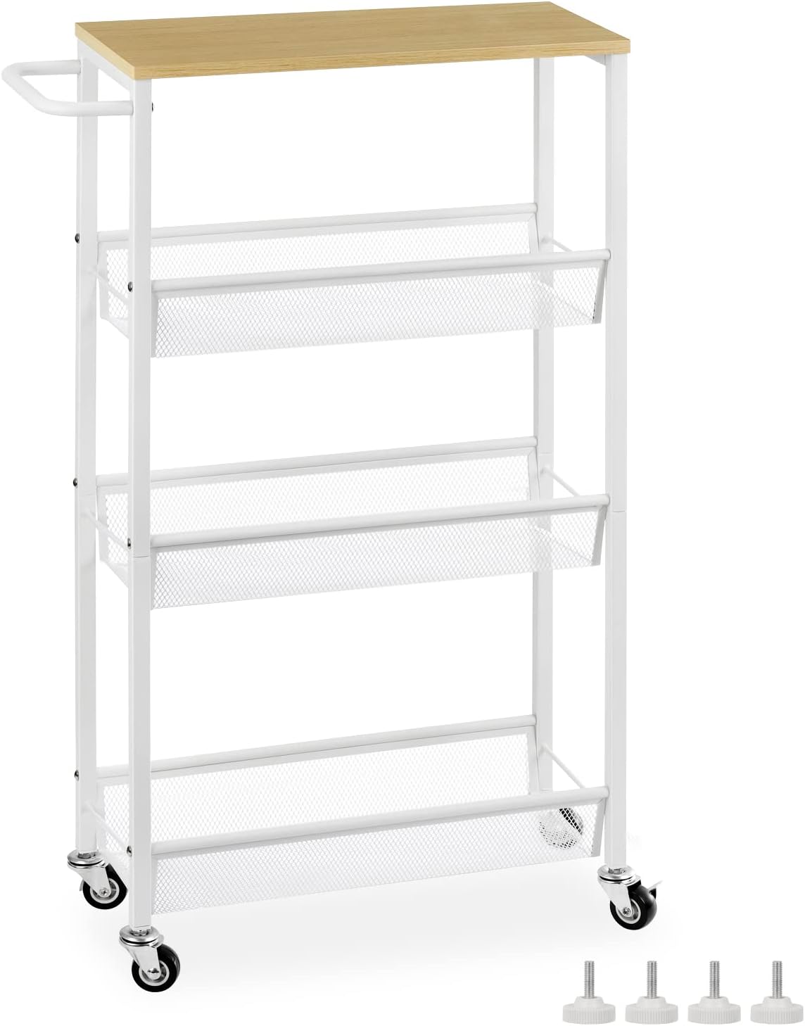 MOOACE Slim Storage Cart, 4 Tier Rolling Kitchen Shelving Unit on Wheels Mobile Narrow Cart with Wooden Tabletop for Bathroom, Laundry Narrow Places, 16.6''x 7.3''x 31.1''inch - White