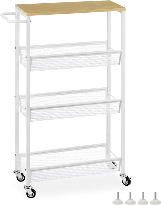 MOOACE Slim Storage Cart, 4 Tier Rolling Kitchen Shelving Unit on Wheels Mobile Narrow Cart with Wooden Tabletop for Bathroom, Laundry Narrow Places, 16.6''x 7.3''x 31.1''inch - White