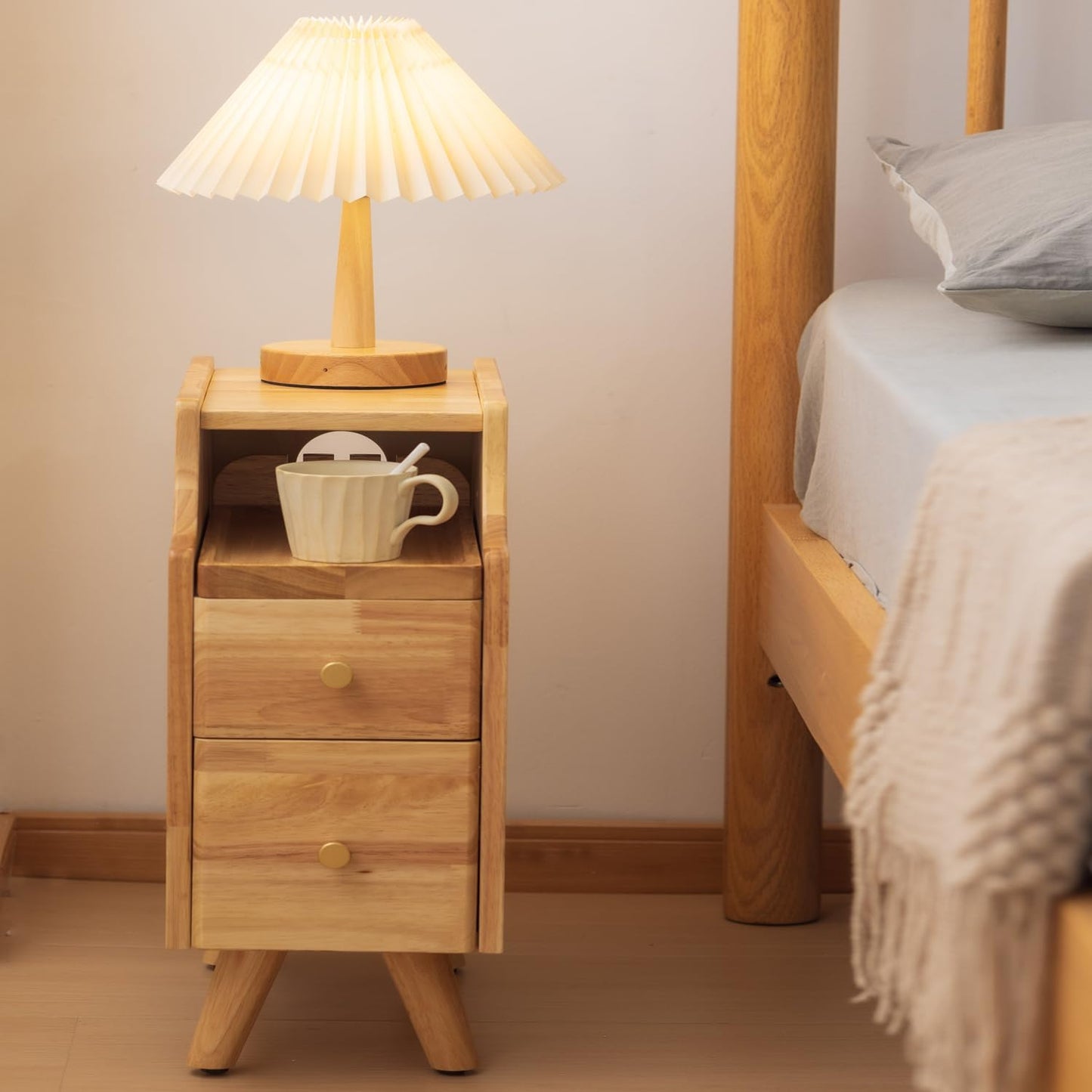 Small Nightstand, Narrow Nightstand, Solid Slim Wood Night Stand for Small Spaces, Couch, Nature Color 9.84in Wide