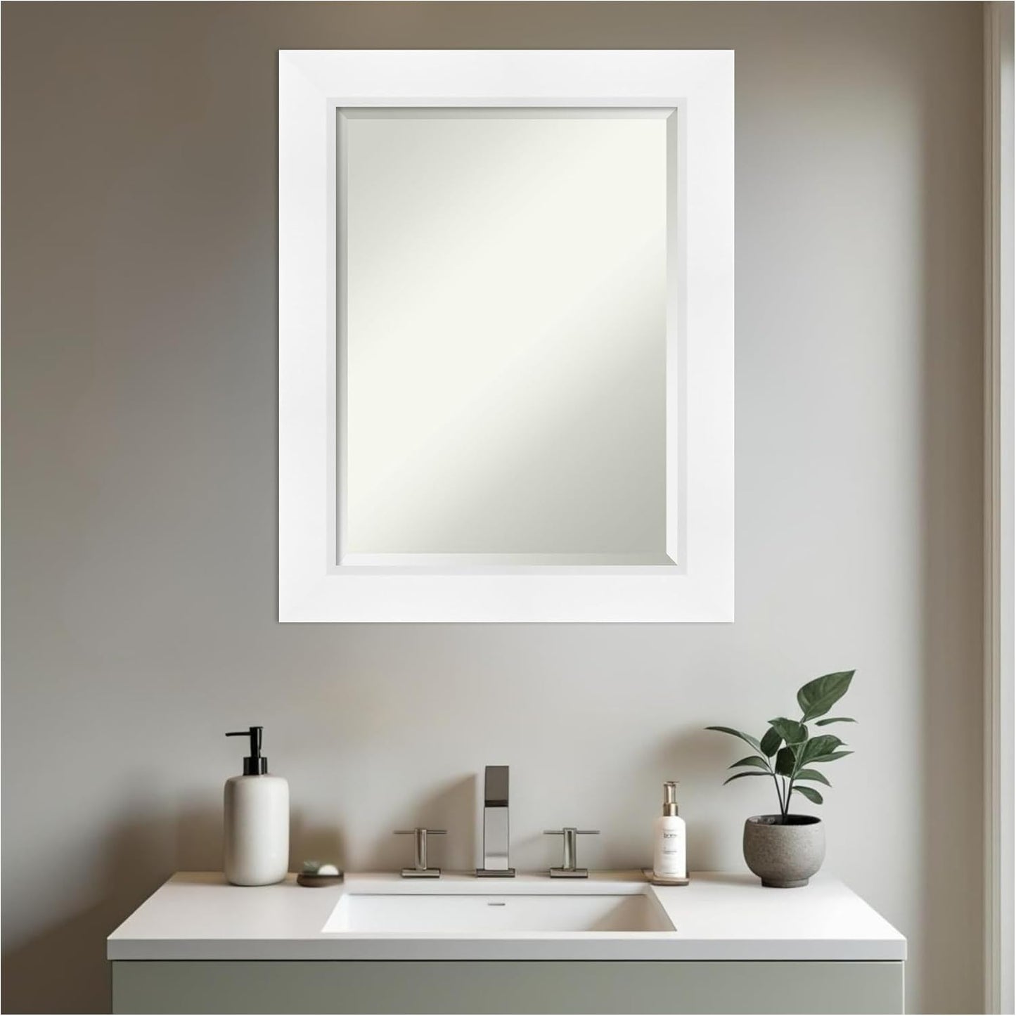 Amanti Art White Bathroom Mirror for Over Sink, 30x24 Sloped White Rectangle Vanity Mirror, Medium Modern Contemporary Frame, Hangs Horizonally and Vertically, Bathroom Wall Decor, Beveled Edge