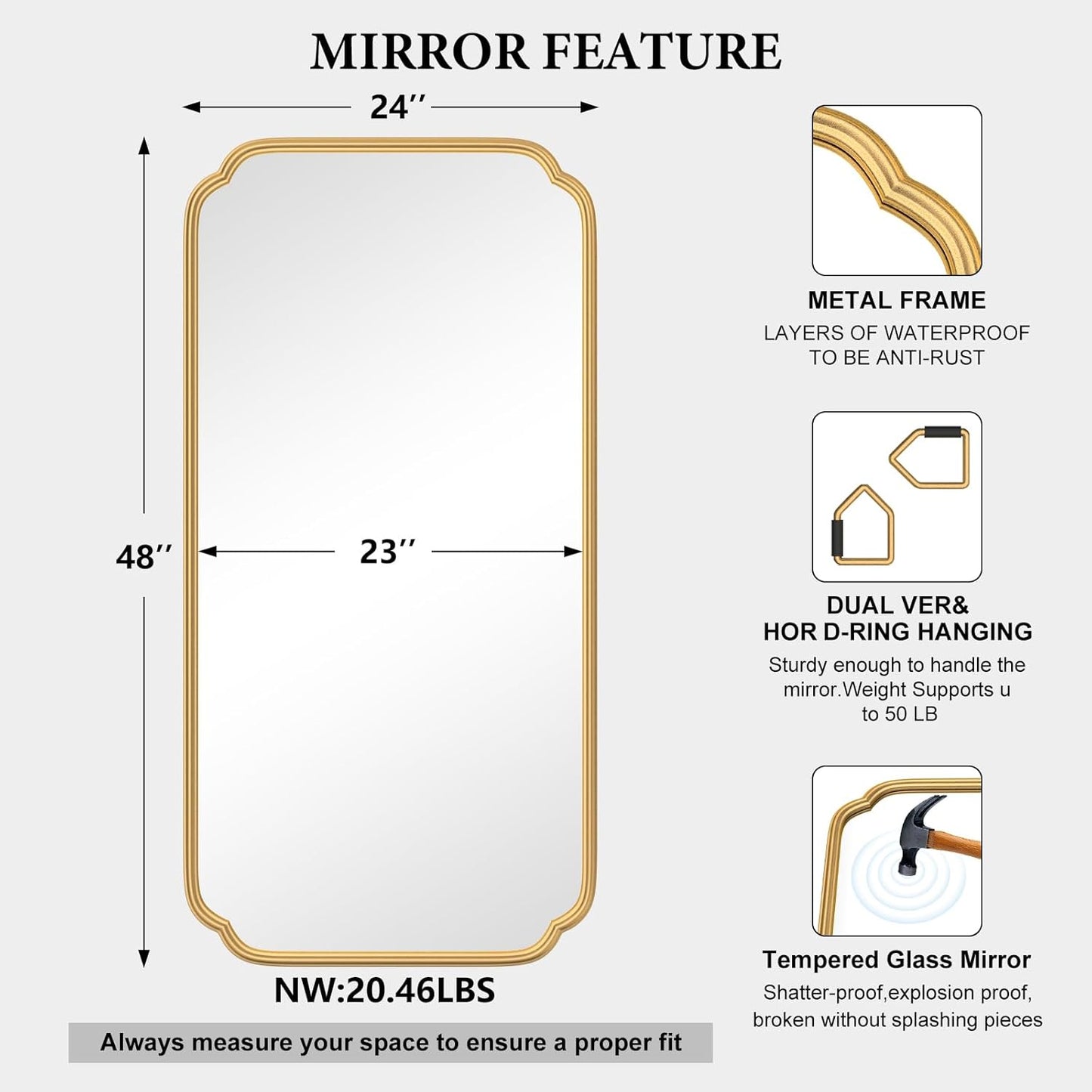 Gold Wall Mirror 48 x 24 Inch Bathroom Vanity Mirror for Over Sink Modern Rounded Corner Rectangle Wall Mirror Decorative with Non-Rusting Iron Metal Framed (Horizontal/Vertical)