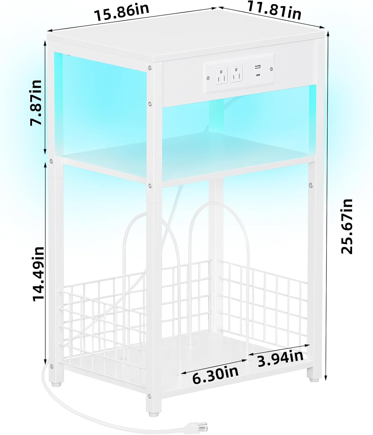 LELELINKY White Night Stand with Charging Station and LED Lights, Record Player Stand with USB Port and Type-C Port, 3 Tier Side Table with Vinyl Storage Shelf, End Tables for Bedroom Small Spaces