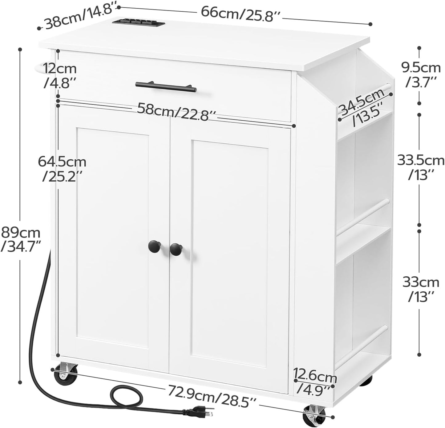 HOOBRO Kitchen Island with Power Outlet, Kitchen Storage Island with Spice Rack and Drawer, Rolling Kitchen Cart on Wheels, for Home, Kitchen and Dining Room, White WT82UZD01G1