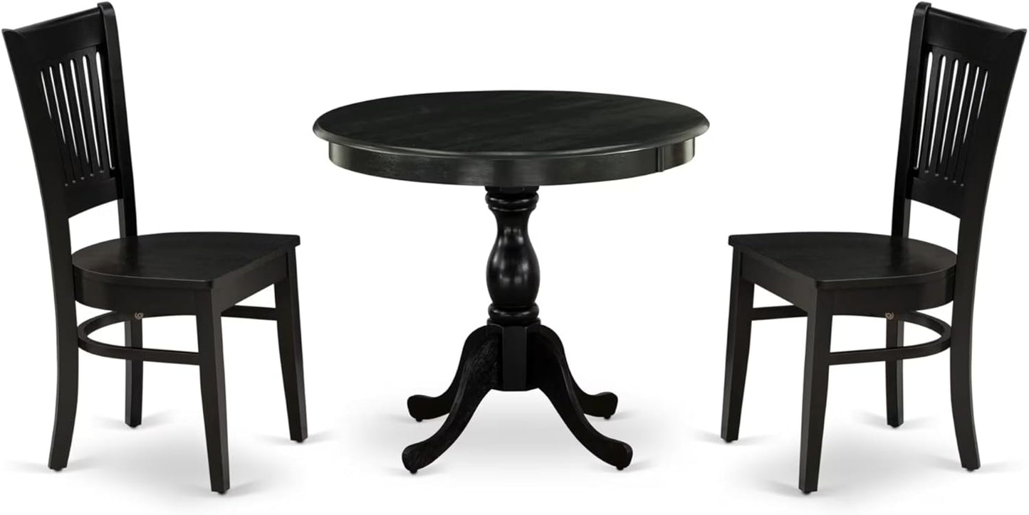 East West Furniture AMVA3-BLK-W 3 Piece Dining Table Set for Small Spaces Contains a Round Kitchen Table with Pedestal and 2 Dining Chairs, 36x36 Inch, Black