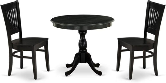 East West Furniture AMVA3-BLK-W 3 Piece Dining Table Set for Small Spaces Contains a Round Kitchen Table with Pedestal and 2 Dining Chairs, 36x36 Inch, Black