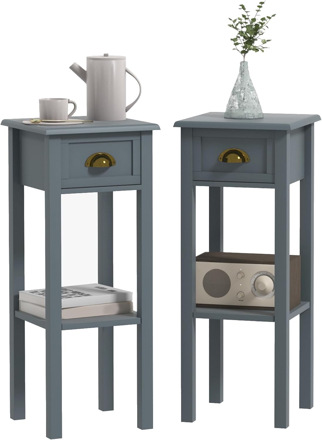 HOMCOM 2-Tier Side Table with Drawer, Narrow End Table with Bottom Shelf, for Living Room, Set of 2, Gray