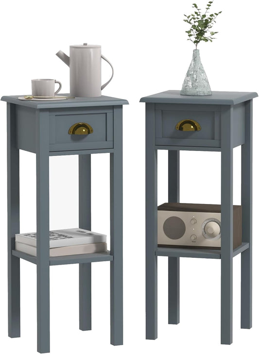 HOMCOM 2-Tier Side Table with Drawer, Narrow End Table with Bottom Shelf, for Living Room, Set of 2, Gray