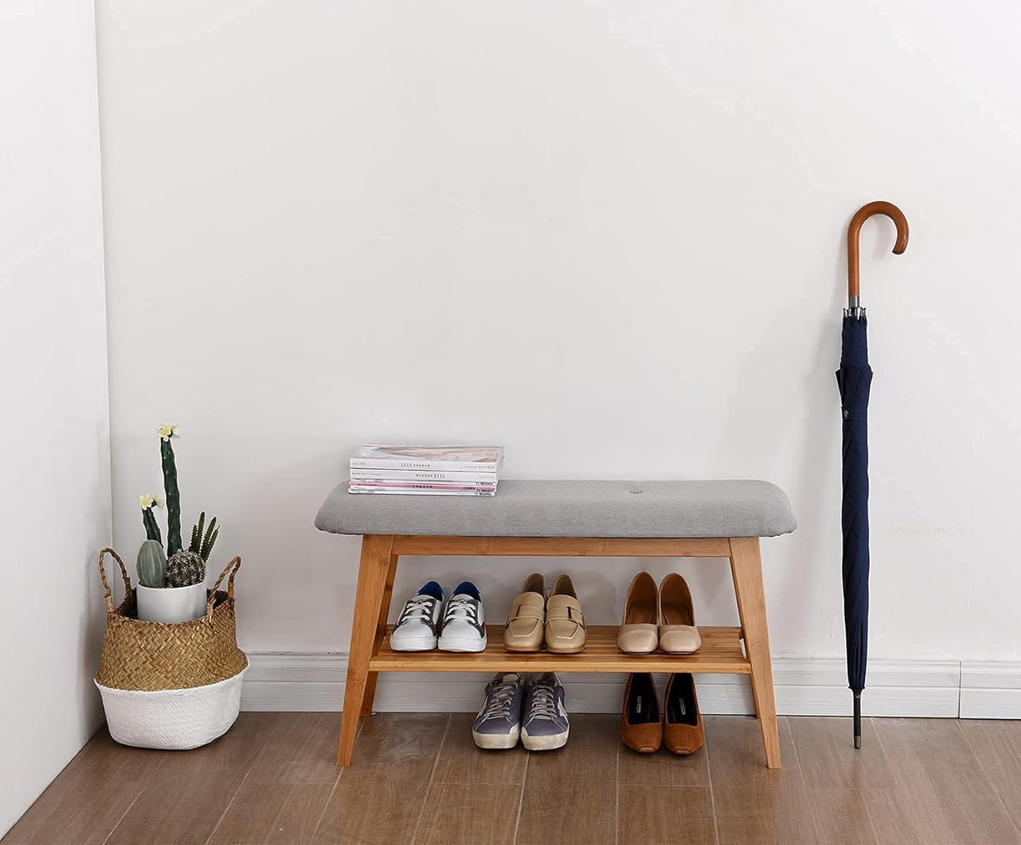 Bamboo Shoe Bench, Entryway Bench, 2 Tier Shoe Rack Bench (Nature,35.4'')